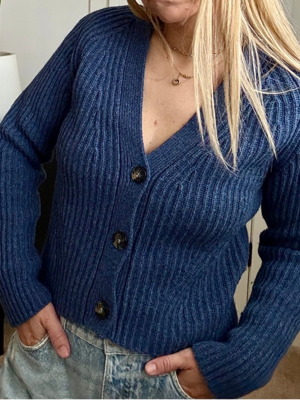 Ganni Rib Knit Cardigan Dutch Blue Boxy Wool Cropped Sweater
